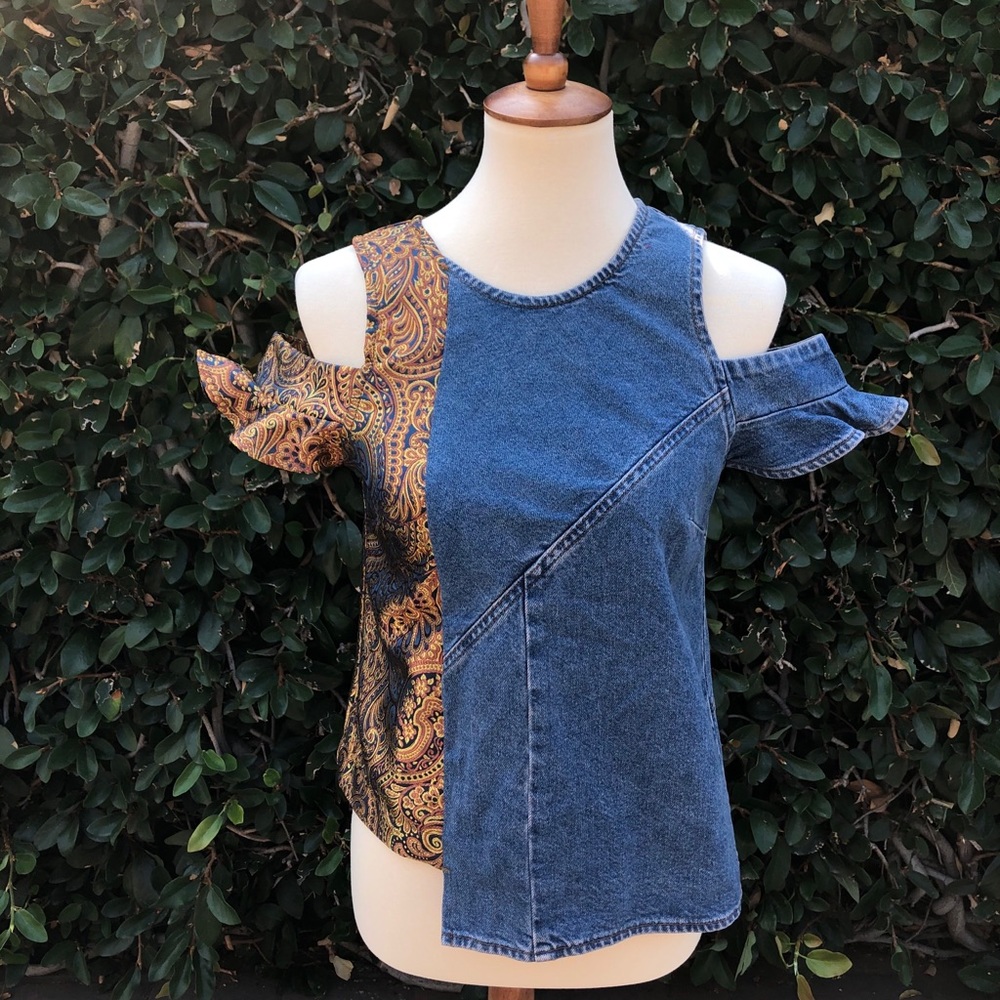 ASOS cold-shoulder brocade denim top